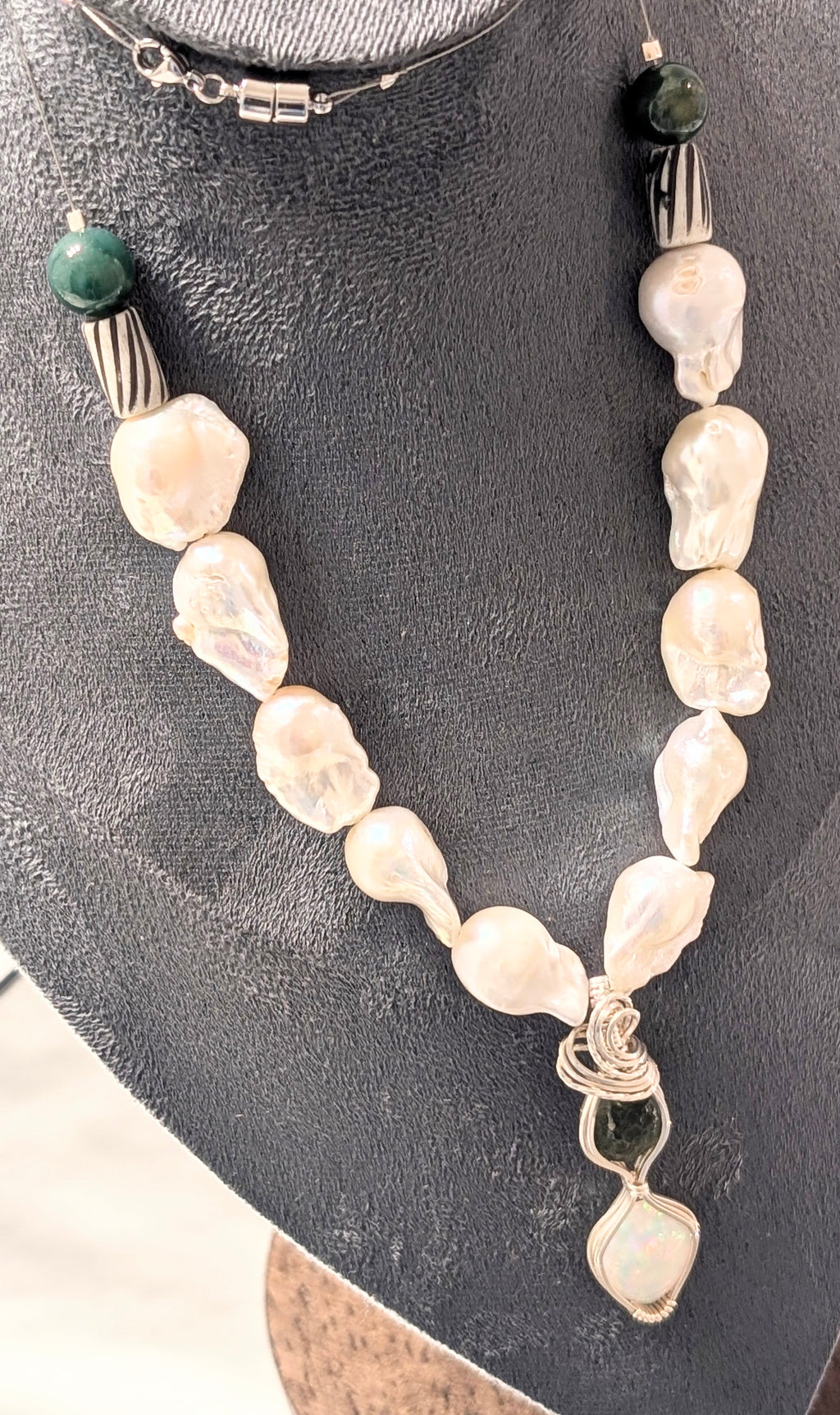 Opal, Moldavite & Freshwater Pearl Pendant