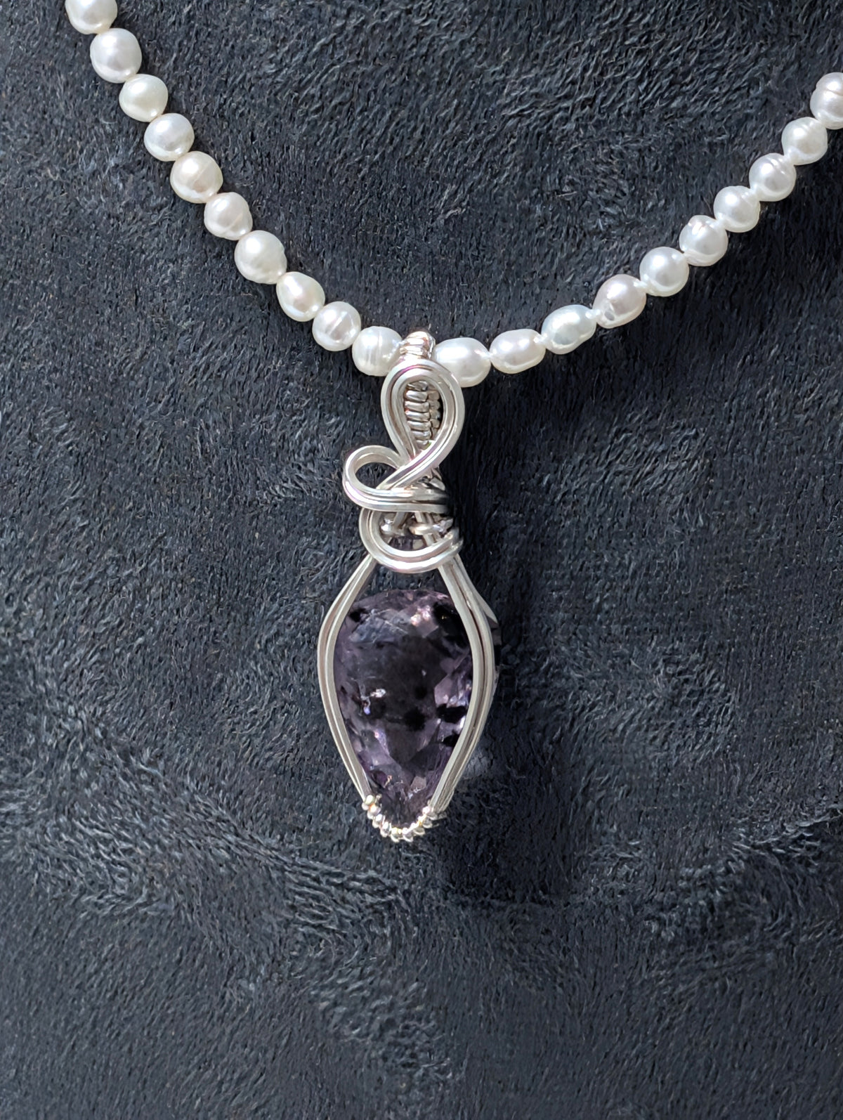 Rare Faceted Amethyst Pendant with Hollandite Inclusions and White Pearls