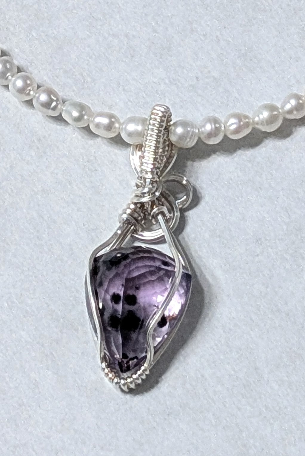 Rare Faceted Amethyst Pendant with Hollandite Inclusions and White Pearls
