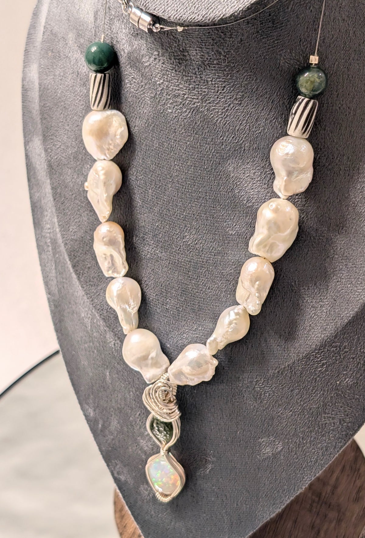 Opal, Moldavite & Freshwater Pearl Pendant