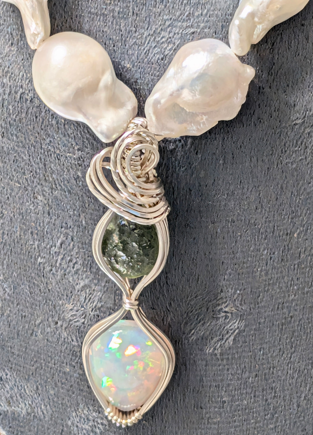 Opal, Moldavite & Freshwater Pearl Pendant