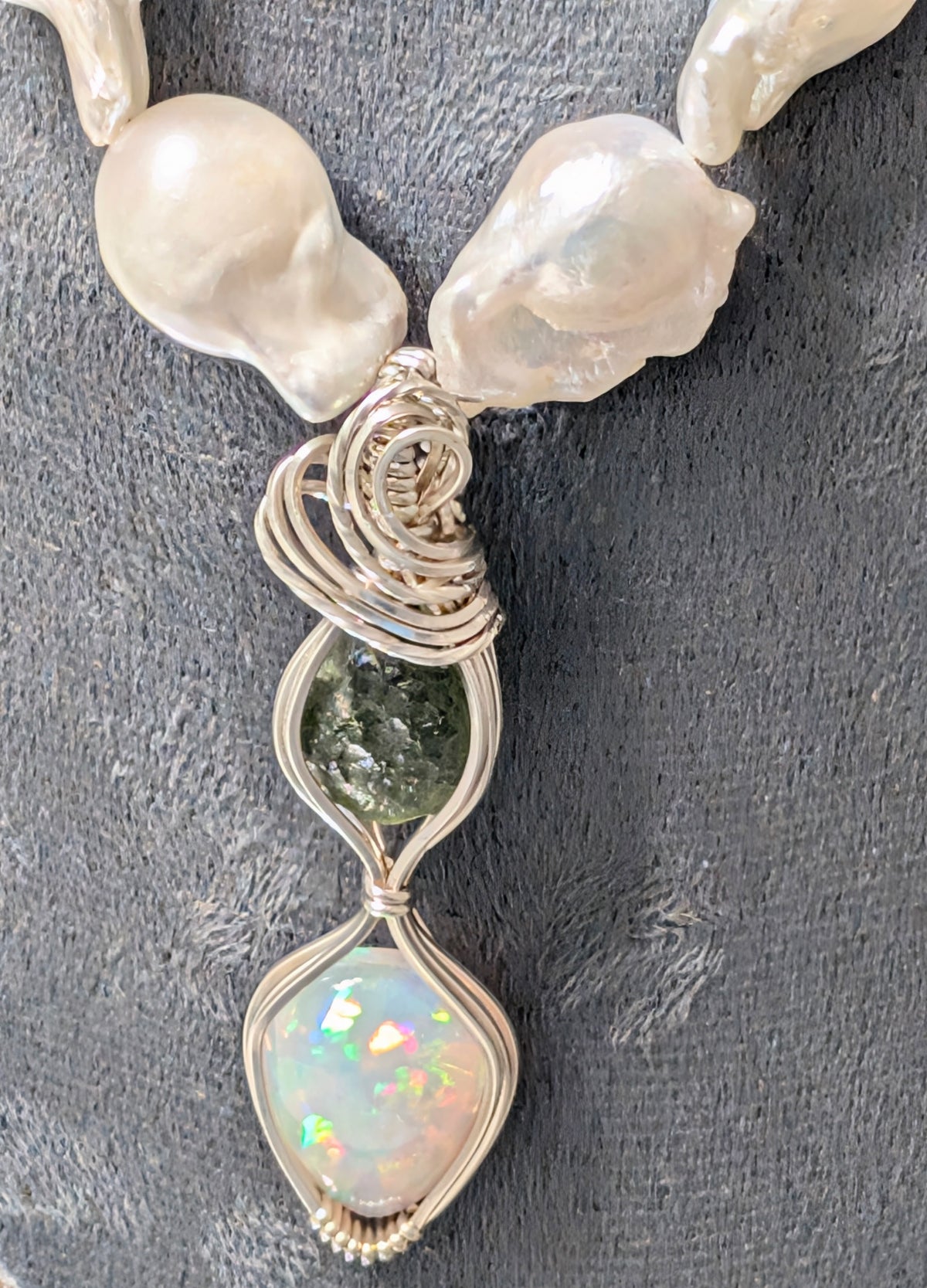 Opal, Moldavite & Freshwater Pearl Pendant